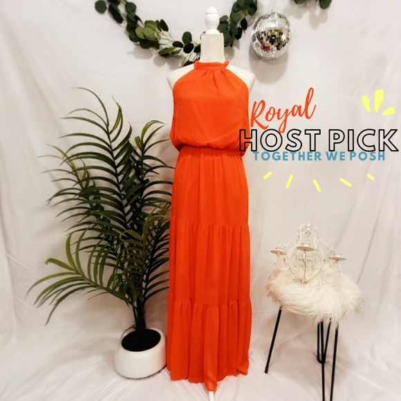✦ℍ𝕆𝕊𝕋 ℙ𝕀ℂ𝕂✦ Vibrant Orange Maxi Halter Dress - Picture 1 of 8